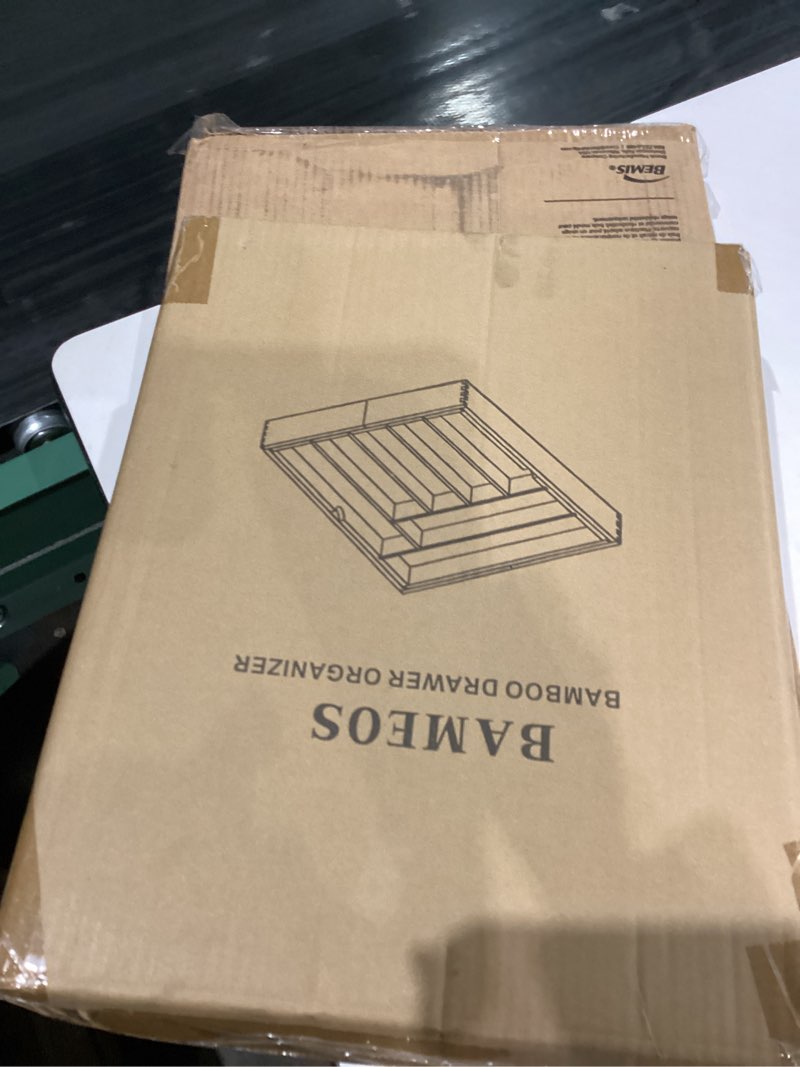 Condition photo showing As Is for BAMEOS drawer organizer flatware organizer cutlery tray silverware organizer expandable adjustable bamboo drawer organizer kitchen bathroom 22X16