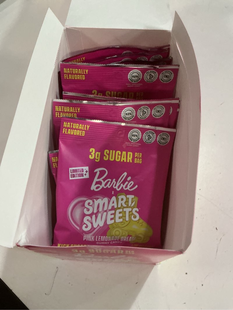 Condition photo showing New/Like New for (Best By : 04/14/2026)SmartSweets Barbie Pink Lemonade Dream Gummy Candy: 1.8oz (Pack of 14), Gummy Candy with Low Sugar, Low Calorie, No Artificial Sweeteners, Plant-Based, Gluten-Free, Healthy Snack for Kids & Adults