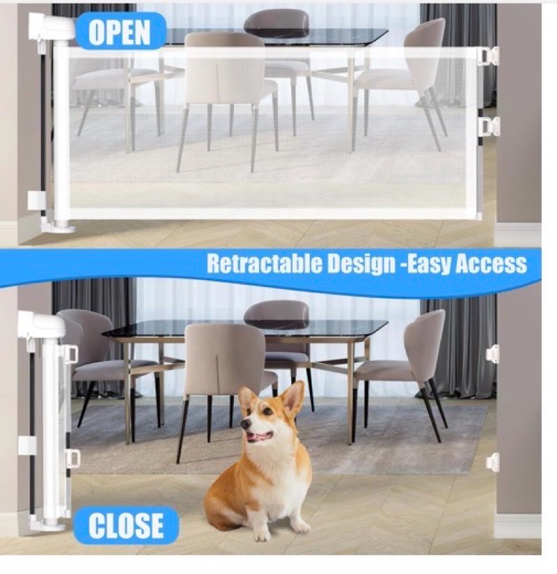 14\" h short dog gate - pet gates puppy gate, mesh retractable step over pet fence, expands up to 59\" indoor/outdoor, small dog gates for doorways & stairs white 14\" h