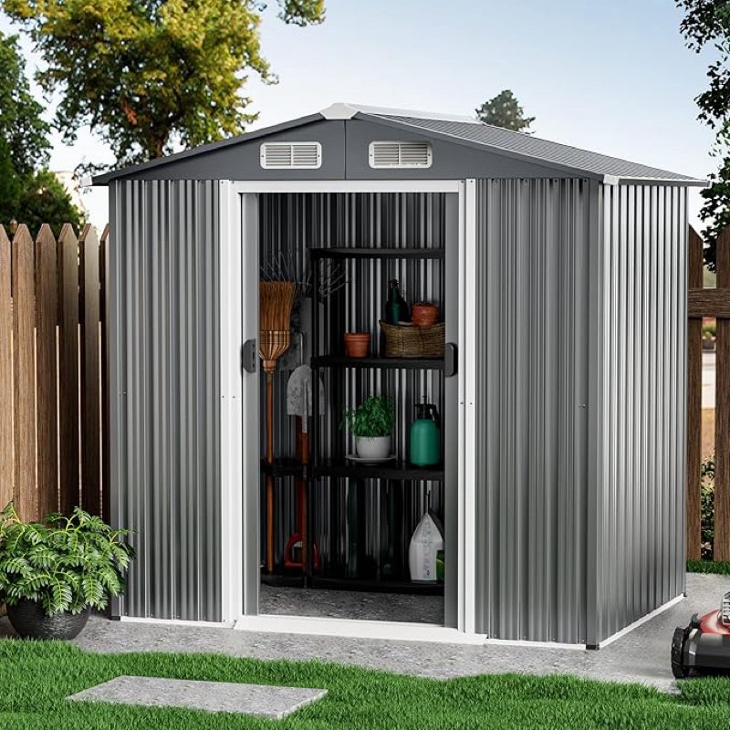 *incomplete*missing box 1*similar to stock photo*Goplus 6' x 4' Outdoor Storage Shed, Weather-Resistant Galvanized Metal Tool House w/ 4 Air Vents, Lockable Sliding Doors, Ramp, Gloves, Utility Tool Organizer for Garden, Farm, Yard