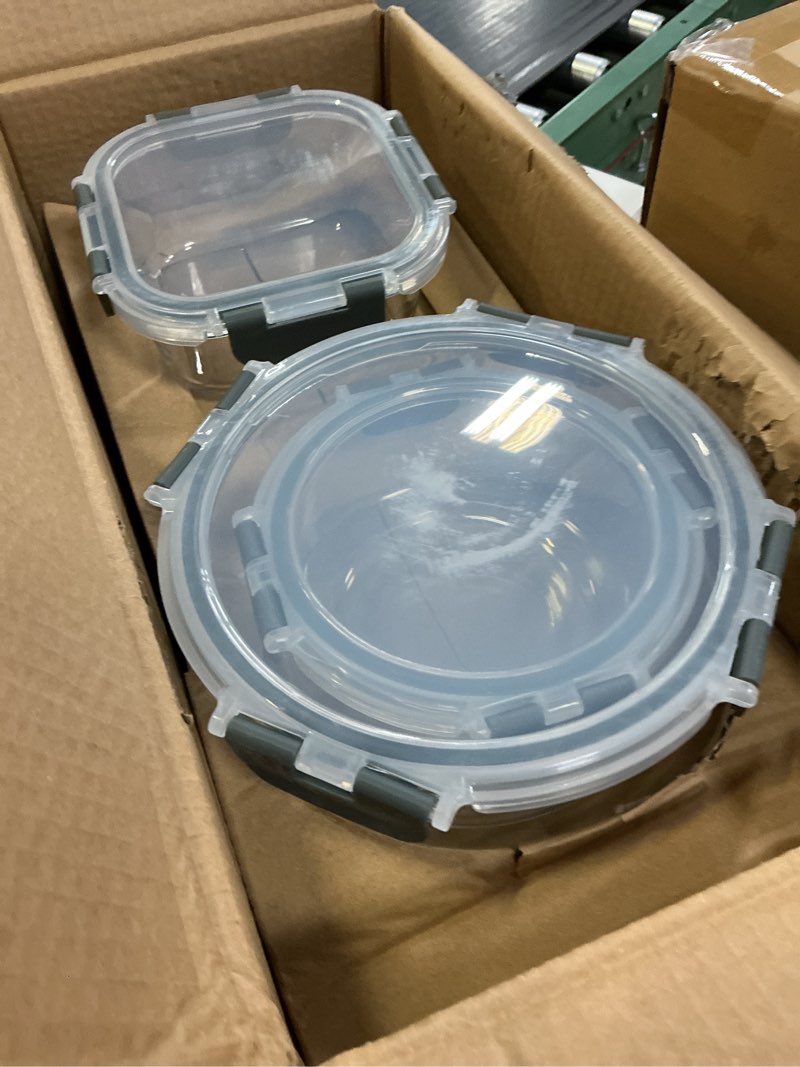 Condition photo showing As Is for m mcirco 24-piece glass food storage containers with upgraded snap locking lids,glass meal prep containers set - airtight lunch containers, microwave, oven, freezer and dishwasher gray