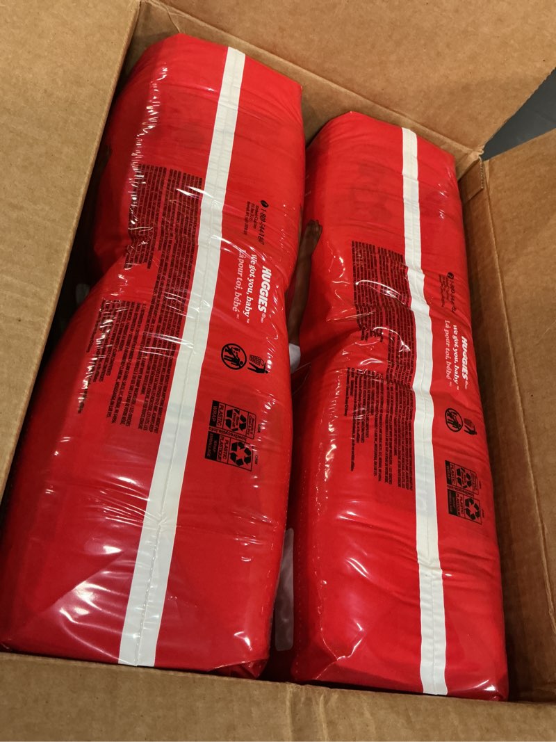 Condition photo showing New/Like New for huggies size 5 baby diapers, little movers huggfit 360° baby diapers with 360° waistband, size 5 (27+ lbs), 128 count (2 packs of 64), packaging may vary