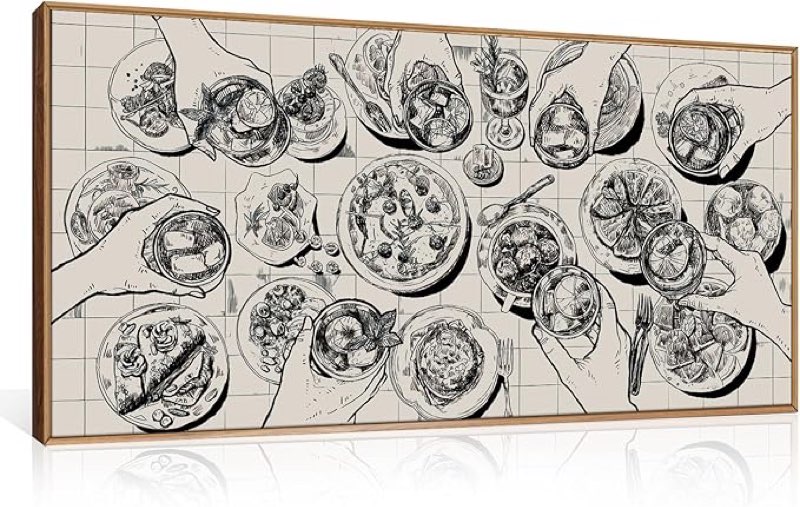dracit food and drink framed canvas print wall ar ,sketch pizza cheers friends party wall decor,retro overhead view of gathering artwork for kitchen dining room restaurant decor-20 x40