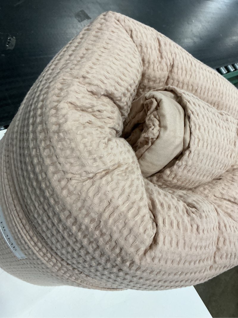 Condition photo showing As Is for levtex home mills waffle full/queen quilt set (88x92in) with 2 pillow shams (26x20in) - blush - cotton waffle full/queen size quilt bedding set - lightweight, soft, pre-washed full/queen quilt blush
