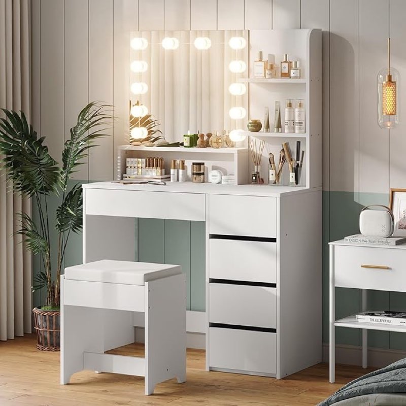 furniouse 37" w vanity desk, vanity mirror with lights and table set with 5 drawers, vanity set 3 lighting modes brightness adjustable for bedroom studio