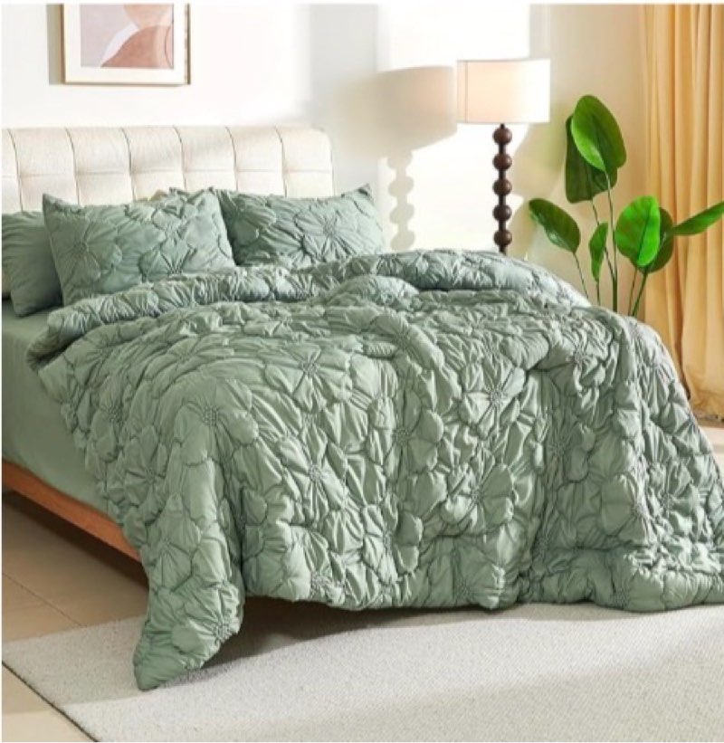 PHF Diamond Marshmallow Puff Comforter Set Queen Size, 3 Pieces Ultra Soft Lightweight Bedding Set for All Season, Pattern Textured 1 Comforter with 2 Pillow Shams, green Queen green  01