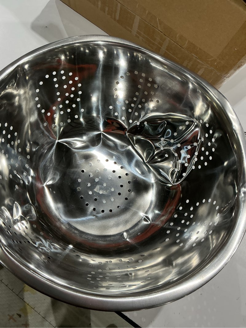 Condition photo showing As Is for excelsteel heavy duty stainless steel colander 5 qt | easy grip handles | self-draining base | mirror polished | dishwasher safe | pack of 1 5 qt (pack of 1)