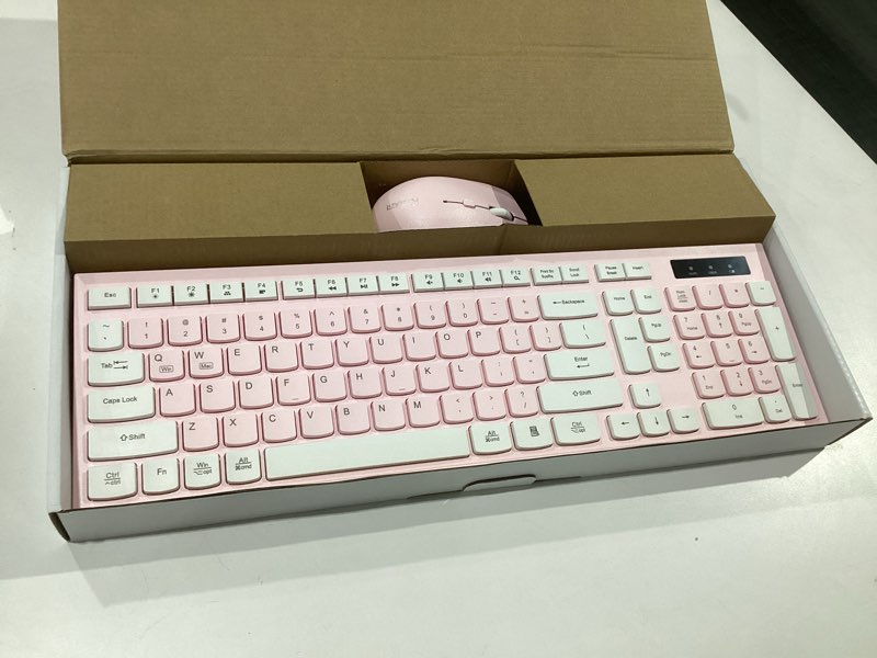 Condition photo showing Good Condition for wireless keyboard and mouse combo, reccazr 2.4g full-sized keyboard and mouse cordless, 3 dpi adjustable mouse, dual-system keyboard for computer/laptop/windows/mac (pink & white) pink & cream, not tested