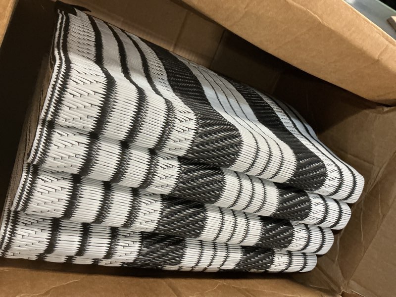 Condition photo showing Good Condition for leevan outdoor rug waterproof for patio clearance black and white camping rug 8x10 plastic straw striped floor carpet for backyard, picnic, rv, deck, bench, balcony black and white srtiped 8'x10'