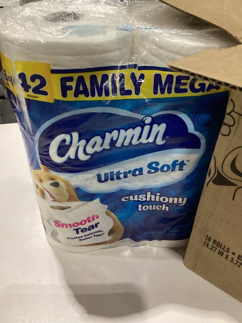 Condition photo showing Good Condition for charmin ultra soft cushiony touch toilet paper, 18 family mega xl = 126 regular rolls, 2-ply, white family mega xl 18 rolls (364 sheets), similar to stock photo