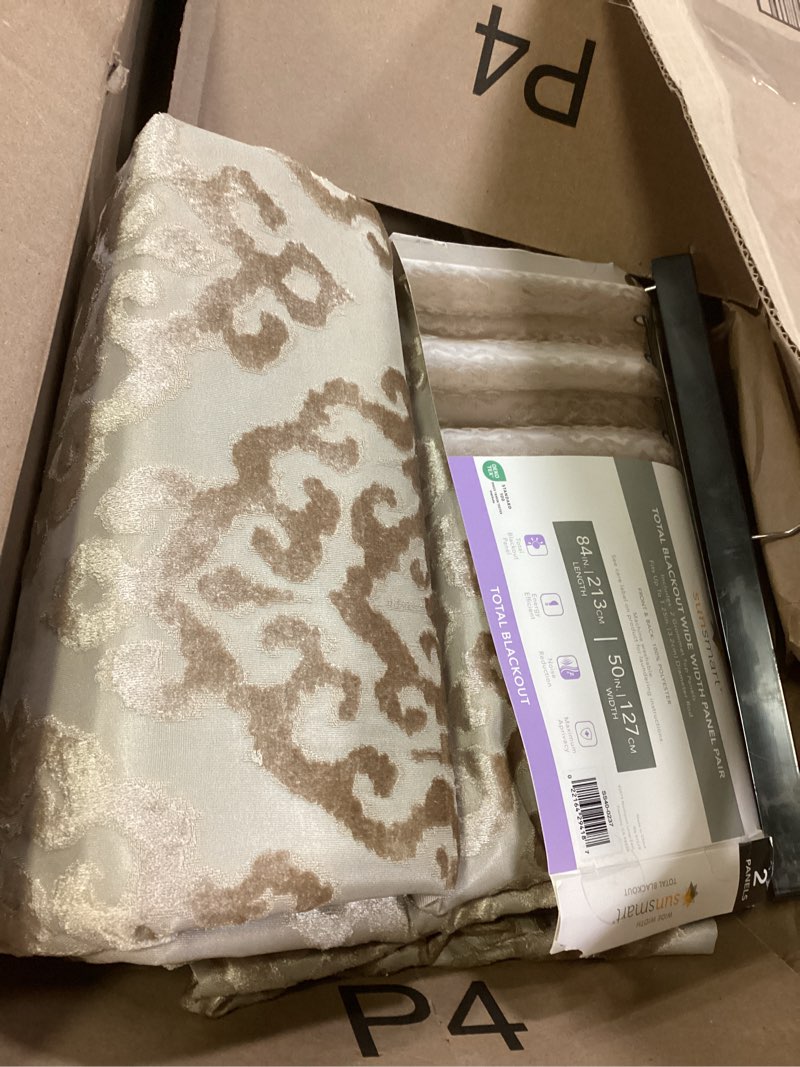 Condition photo showing Good Condition for Sun Smart 2 Panel 100% Ttotal Blackout Curtains for Bedroom Windows, Knitted Jacquard Damask Living Room Curtains, Thermal Insulated Window Shades for Home, Machine Washable, Mirage, 50x84, Champagne Mirage Champange 50"W x 84"L (Pack of 2)