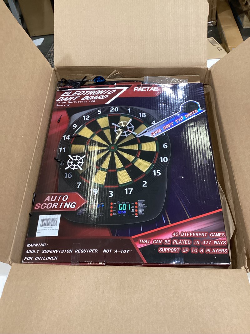 Condition photo showing Good Condition for Electronic Dart Board, Soft Tip Dartboard Set 40 Games, 427 Variants Digital Electric Dart Boards with Colorful LED, 6 Darts, 100 Tips, Power Adapter