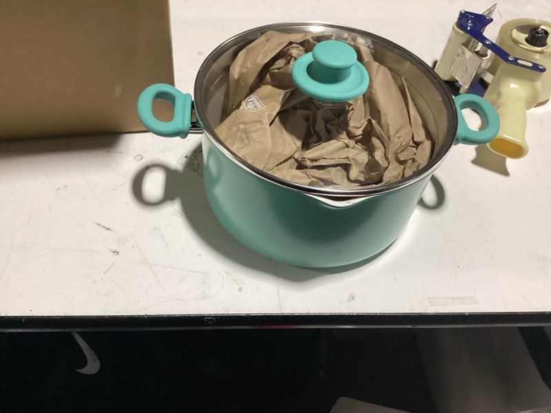 Condition photo showing Good Condition for GreenLife 6QT Nonstick Stockpot with Straining Lid, Soft Grip, PFAS-Free Ceramic, Pour Spout, Multipurpose Cooking Pot, Sauces & Soups, Milk Pan, Stay-Cool Handles, Dishwasher & Oven Safe, Turquoise 6 Quarts Turquoise