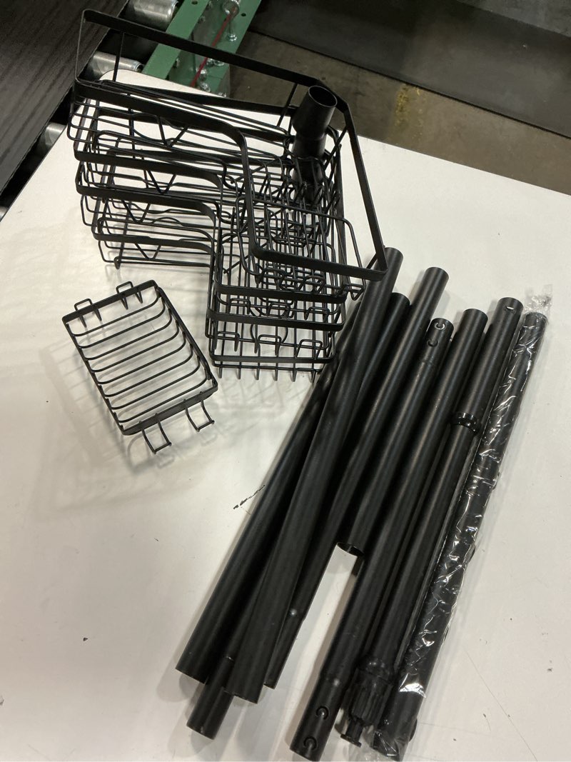 Condition photo showing As Is for 360° rotating corner shower caddy tension pole organizer - 4-tier adjustable rustproof metal pole, plastic shelves with safety guardrail, bathroom storage for shower & bathtub(black)