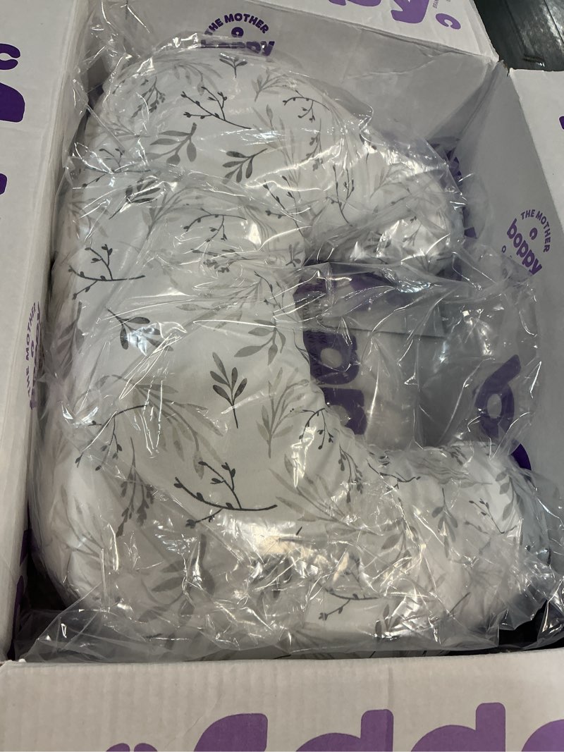 Condition photo showing Good Condition for Boppy Nursing Pillow - Firm, Ergonomic U-Shaped Bottle and Breastfeeding Pillow with High Lift for Comfort and Support, Spacious Surface - Gray Gentle Leaves New Nursing Pillow Gray Gentle Leaves