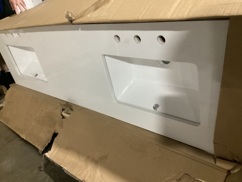 Condition photo showing As Is for allen + roth cantrell 72-in oak undermount double sink bathroom vanity with white engineered stone top