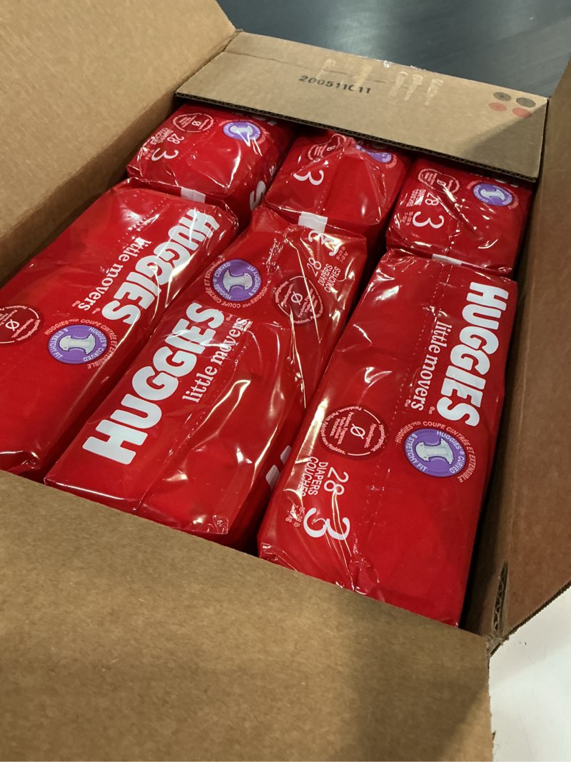 Condition photo showing New/Like New for huggies size 3 diapers, little movers baby diapers, size 3 (16-28 lbs), 168 count (6 packs of 28), packaging may vary