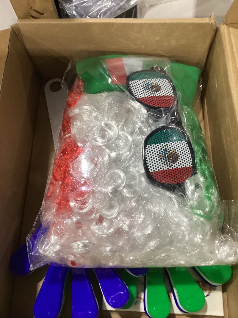 Condition photo showing Good Condition for 2026 soccer patriotic set, mexico flag color wig, party glasses, 2pcs hand clappers, 22pcs waterproof stickers, ideal gift for football lovers and mexico fans