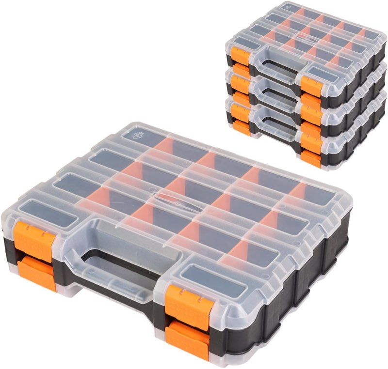 tool box with transparent lid, double side 34-compartments organizer box with removable dividers for