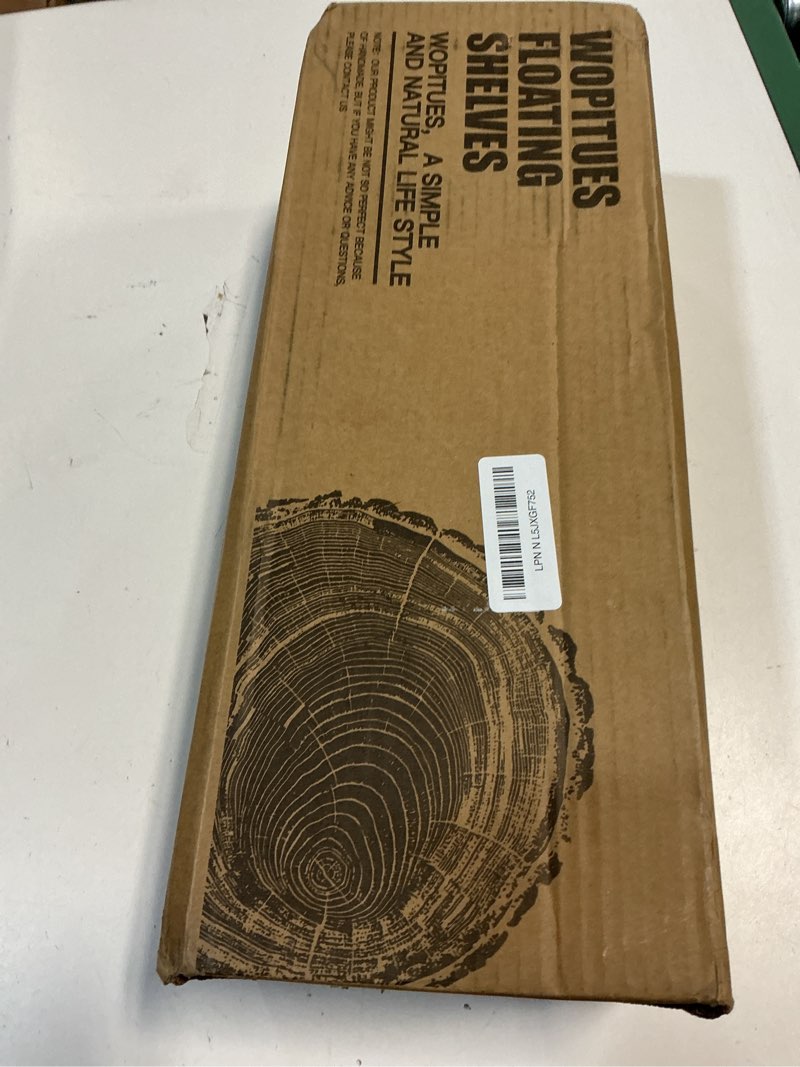 Condition photo showing New/Like New for WOPITUES Wood Floating Shelves Set of 6, Shelves for Wall Decor, Farmhouse Shelf for Bedroom, Bathroom Storage Shelves, Book Shelves for Living Room, Dark Brown 16.5 Inch Dark Brown