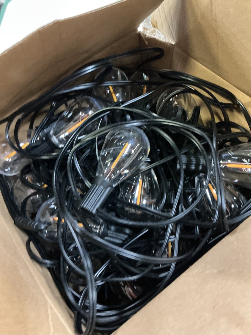 Condition photo showing As Is for 100ft led outdoor string lights with remote, one continuous strand patio lights with 35+1 shatterproof s11 bulbs, dimmable 2200k warm white, timer & 3 modes, low voltage for backyard garden warm yellow-2200k 100ft