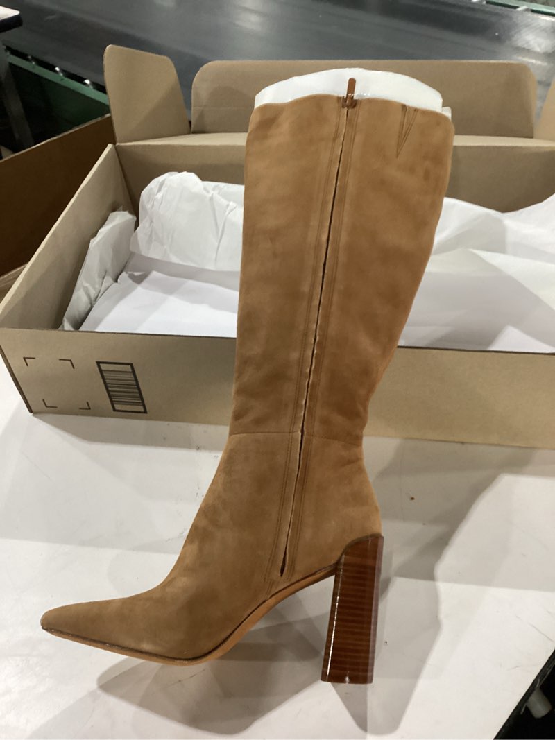 Condition photo showing New/Like New for Vince Womens Pilar Knee High Boots Wide Calf Dark Amber Brown Suede Wide Calf 8.5 M