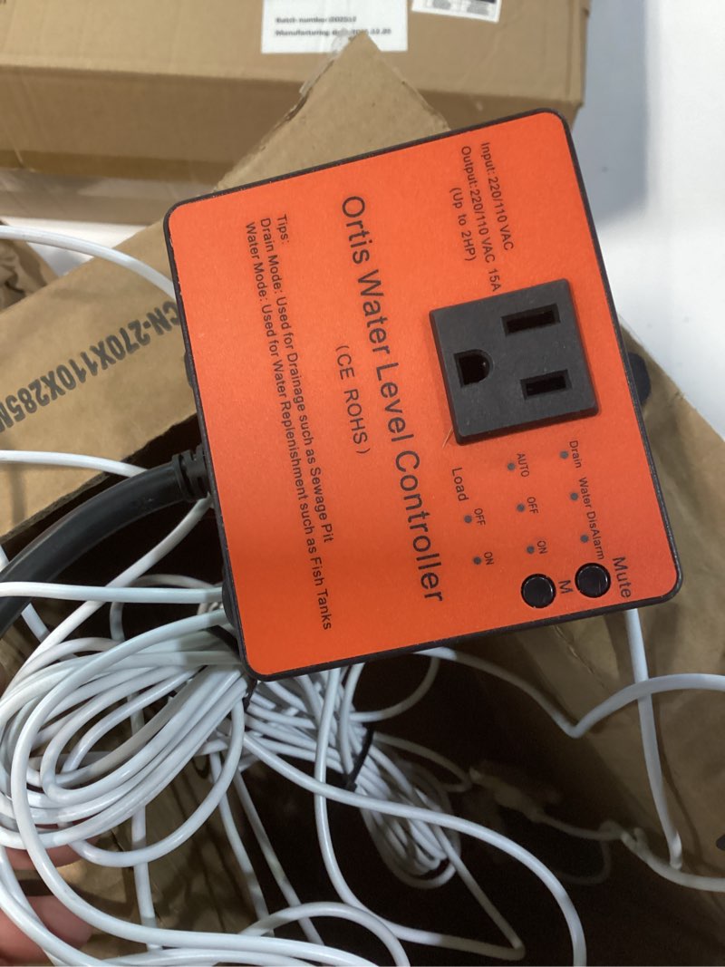 Condition photo showing As Is for hi-lo sump pump switch, ortis electronic adjustable float switch controller with dual sensors, strong corrosion resistance, ideal for sewage pits, fish tank, water tank, 220/110 vac, orange 01 orange