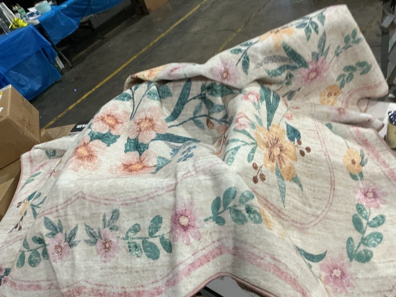 Condition photo showing As Is for pink floral rufor girls bedroom or nursery, scalloped washable non-slip...