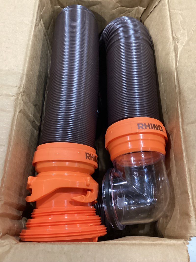 Condition photo showing As Is for camco rhinoflex 15' rv sewer hose kit — includes 4-in-1 adapter, clear elbow, & caps — connects to 3? slip & 3?, 3 1/2?, 4? npt threaded sewer connections (39770) 15' rhino sewer hose