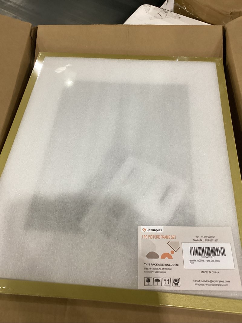 Condition photo showing New/Like New for upsimples 16x20 picture frame, display pictures 11x14 with mat or 16 x 20 without, wall hanging poster frame, gold, 1 pack gold 16x20
