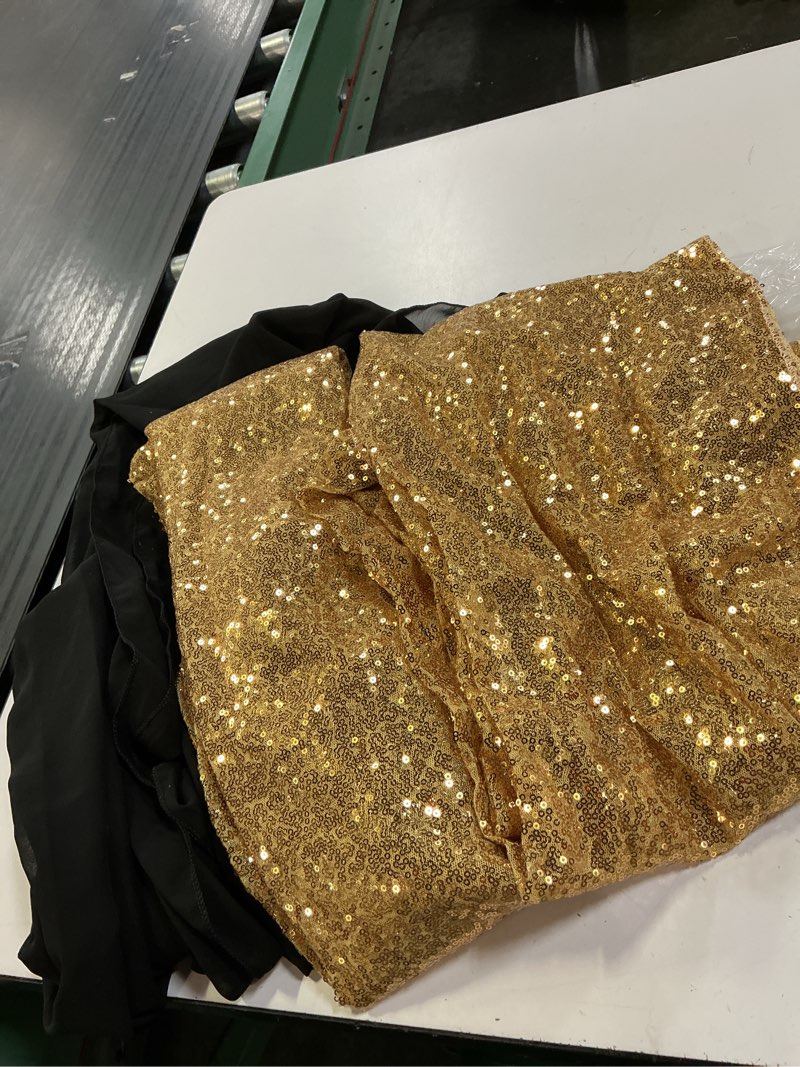Condition photo showing Good Condition for vitalcozy 4 panels backdrop curtains 2 pcs 4 x 10 ft sequin glitter 2 pcs 7 x 10 ft chiffon photo background curtains for christmas new year wedding birthday party decorations (black, gold)