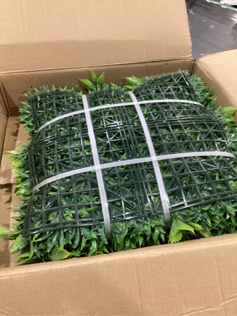 Condition photo showing As Is for 20"x20" (6 pieces) artificial privacy boxwood hedge panels | uv-anti greenery hedge fence screen, patio/balcony/garden/backyard decor, indoor outdoor green faux plant covering 20"x20" 6p