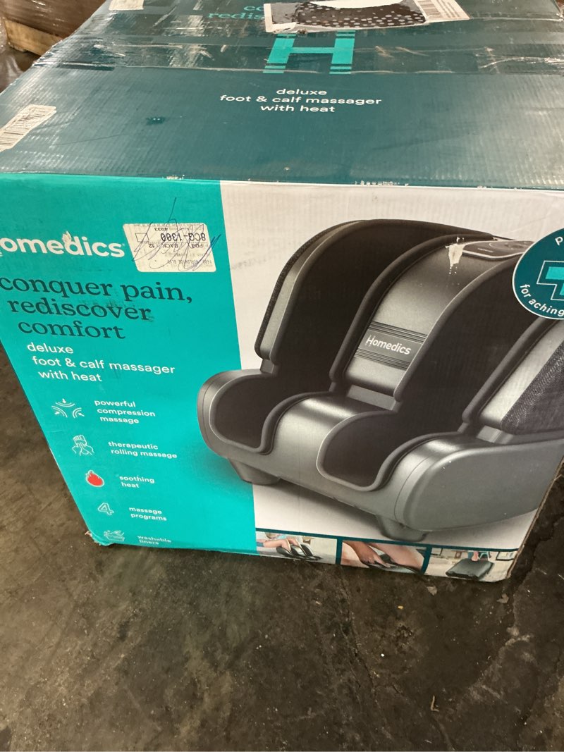Condition photo showing As Is for (worn )homedics deluxe foot massager & calf massager, rolling & compression massage, adjustable tilt, washable liners, 4 programs, 3 intensity for muscle relief and post-workout recovery