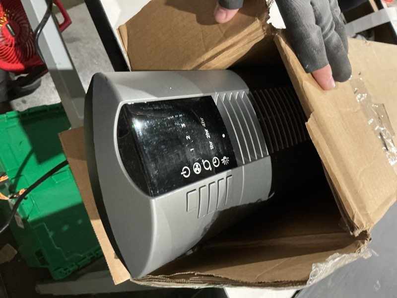 Condition photo showing As Is for lasko tower fan, oscillating performance, remote control, nighttime setting, timer, 3 speeds, high-velocity tower fan, room fan for bedroom or office, 48" gray, t48314