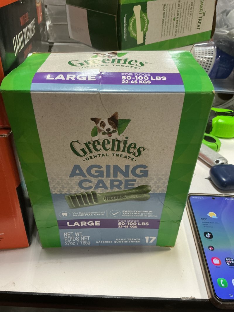 Condition photo showing New/Like New for ((EXP:27/OCT/2025))Greenies Dental Treats for Dogs, Veterinarian-Recommended Aging Care Adult Natural Dental Dog Treats, Large Size, 27 oz. Pack, 17 Count Aging Care 17 Count (Pack of 1)