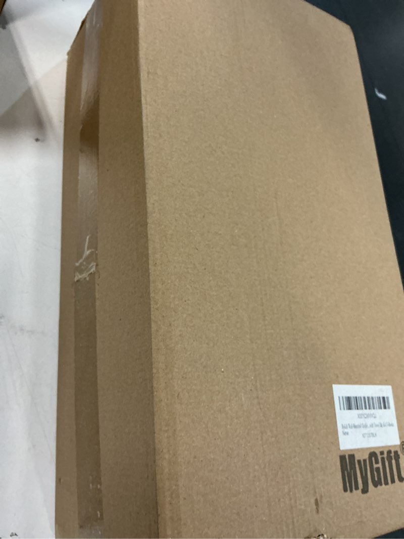 Condition photo showing New/Like New for MyGift Wire Spice Rack Wall Mount with 4 Removable S-Hooks, Hanging Kitchen Organizer Storage with Towel Bar, 3 Compartments, Black Metal and Wood Shelf