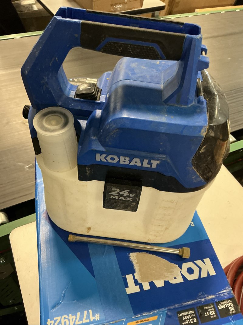 Condition photo showing As Is for kobalt 2.11-gallon plastic pump sprayer