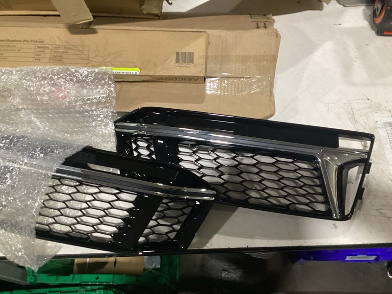 Condition photo showing Good Condition for pair front lower bumper grille cover bezel compatible with audi a4 b9 s-line/s4 b9 2016-2018 w/o fog light hole oe# 8w0807681f, 8w0807682f (glossy black chrome trim, perforated) perforated glossy black chrome trim