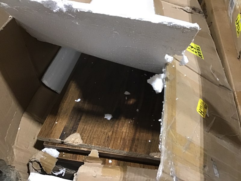 Condition photo showing As Is for Storage Chest, 39.4'' Wooden Storage Bench with 4 Wheels & 2 Safety Hinges, Retro Box Support 300 lbs for Bedroom, Living Room, Easy Assembly, Vintage Brown Vintage Brown 39.4''W x 15.7''D x 18.1''H INCOMPLETE  DAMAGED 