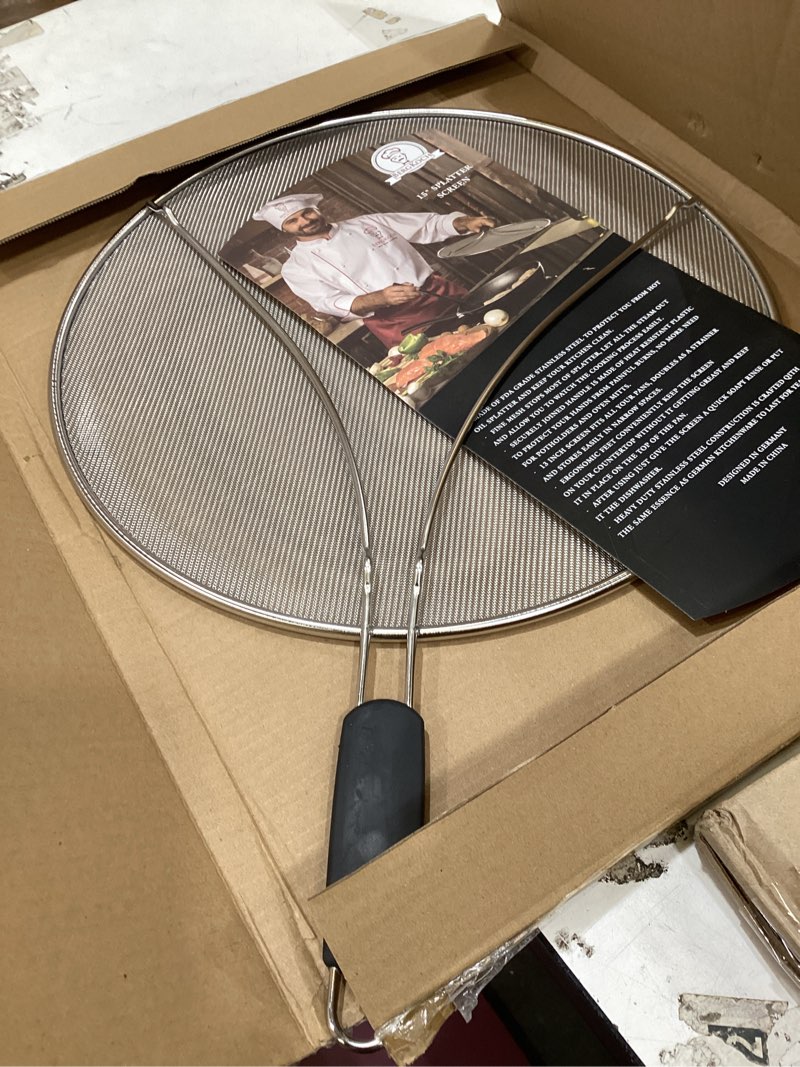 Condition photo showing Good Condition for large splatter screen for frying pan, 15 inch stainless steel grease splatter guard, mesh frying screen keeps kitchen clean and protects skin from burns