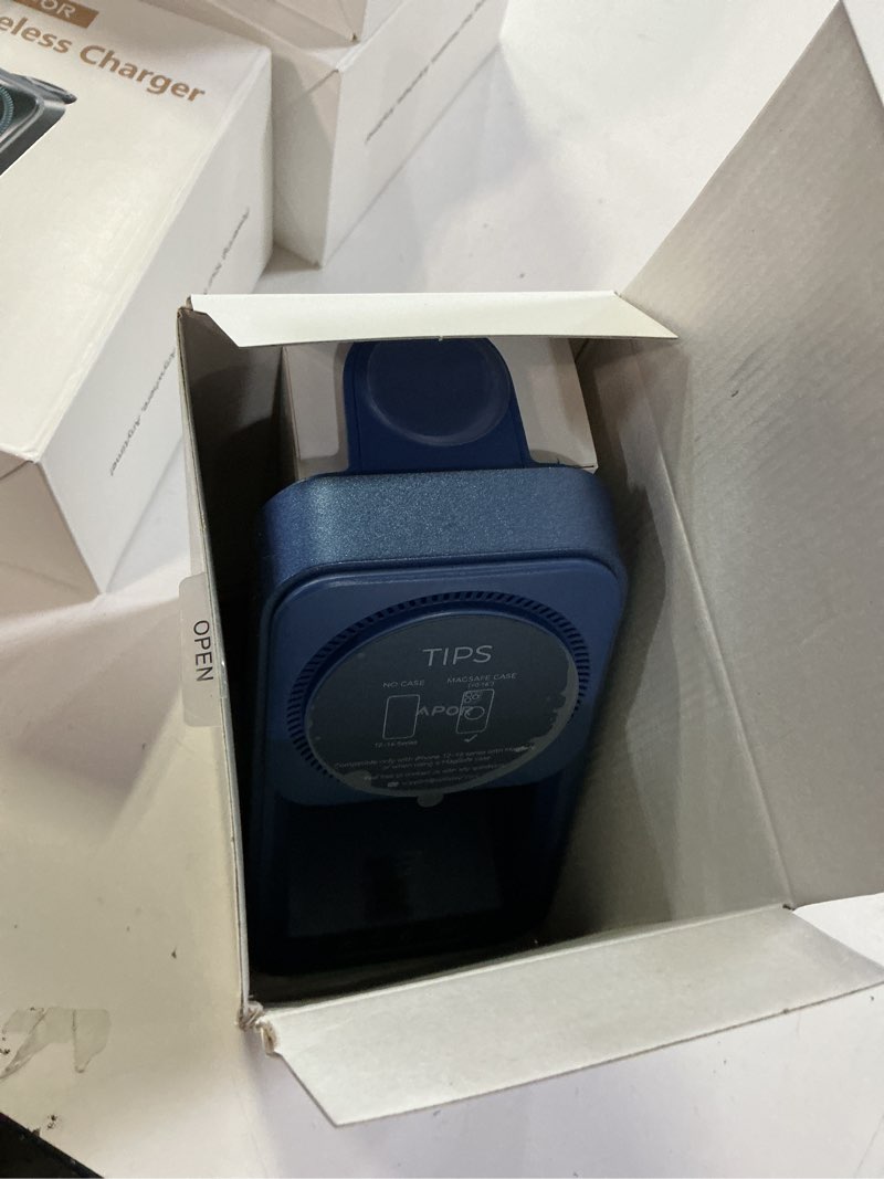 Condition photo showing Good Condition for Apor 3 in 1 Charging Station for iPhone, Magsafe Wireless Charger with Cooling Fan for iPhone 17 16e 16 15 14 13 12 Series & Apple Watch Charger, Wireless Charging Station for AirPods 4/3/Pro (Blue)