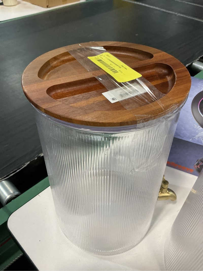 Condition photo showing As Is for better homes and gardens 2-gallon countertop beverage dispenser with clear acrylic and acacia wood lid