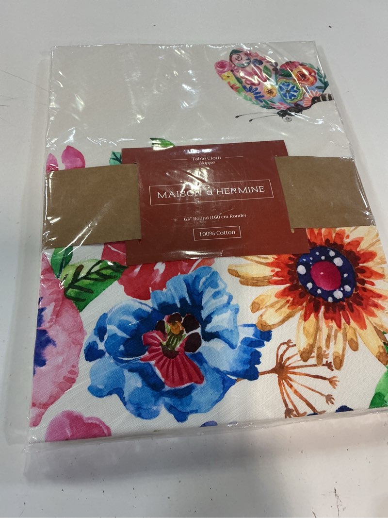 Condition photo showing New/Like New for maison d' hermine table cloth round table 100% cotton 63 round inches tablecloth reusable decorative for dining kitchen room farmhouse party hotel restaurant spring summer- happy florals - high summer 052 - happy florals - high summer 63" (round)