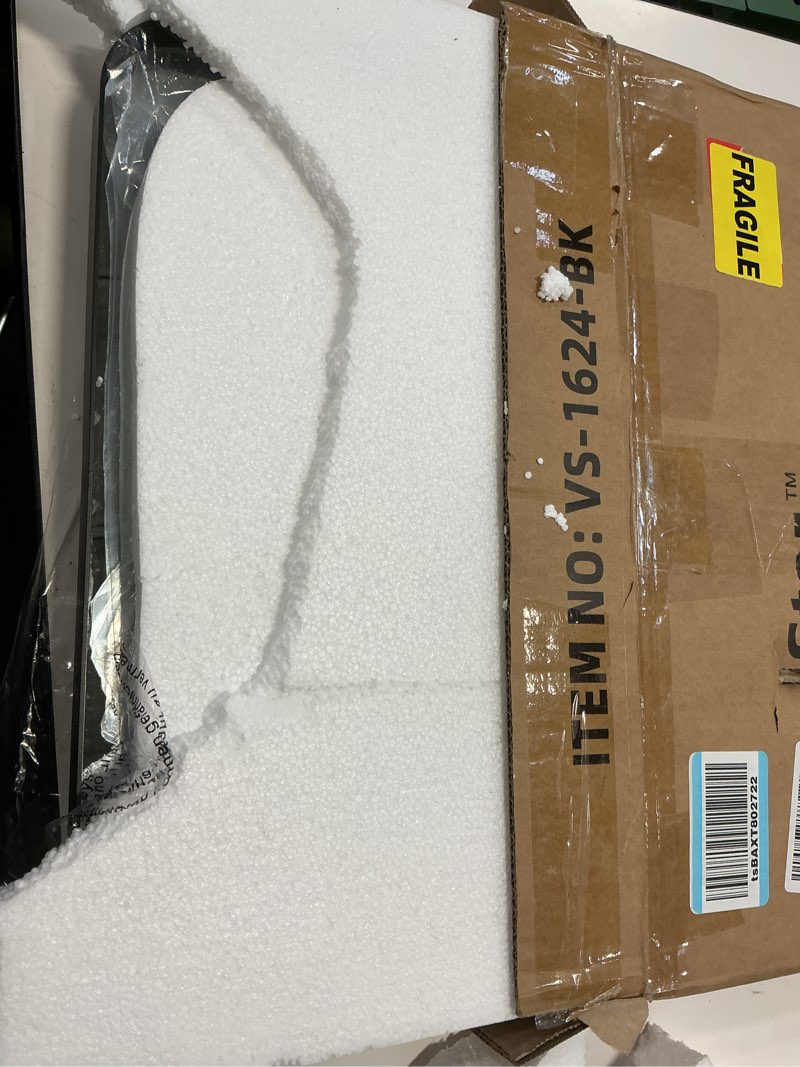 Condition photo showing Good Condition for VocalStar Black Metal Framed Bathroom Mirror for Wall, 16 x 24 Inch Rounded Rectangle Matte Black Bathroom Vanity Mirror Farmhouse, 1/4-inch Shatterproof Glass | Ultra-Flush Hanging Black 24"L x 16"W