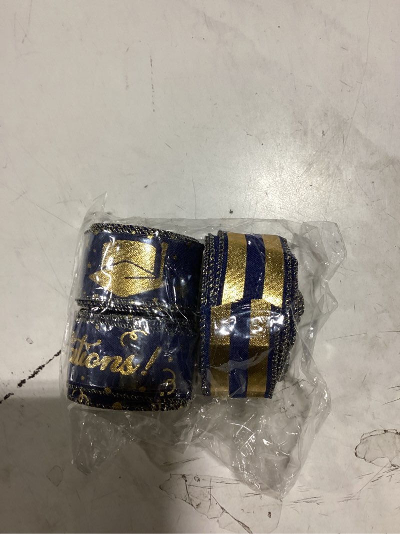 Condition photo showing Good Condition for geosar 3 roll 2026 graduation ribbon 1.5 inch graduation party favors congrats grad ribbon bronzing wired edge ribbons with cap star stripes gold decoration craft supplies(blue and gold)