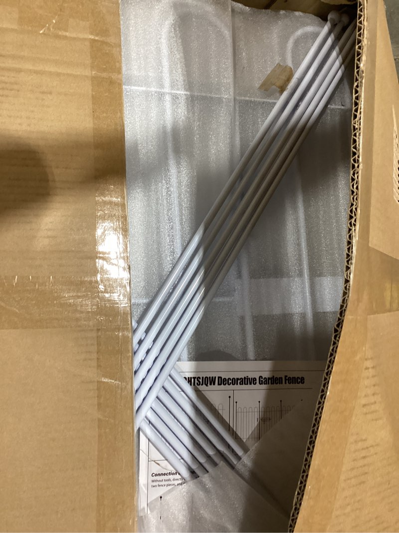 Condition photo showing Good Condition for 10 panels decorative garden fence with gate, 32 in (h) x 21.6 ft (l) metal thick tube no dig dog fence outdoor for yard, rustproof tall animal barrier fencing, garden edging border for yard, white 10 panels with gate, 32 in (h) x 21.6 ft (l) white