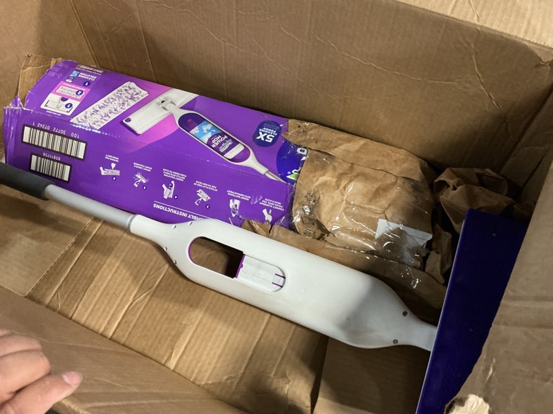 Condition photo showing As Is for swiffer powermop multi-surface mop kit for floor cleaning, fresh scent, mopping kit includes powermop, 2 mopping pad refills, 1 floor cleaning solution with fresh scent and 2 batteries purple and white