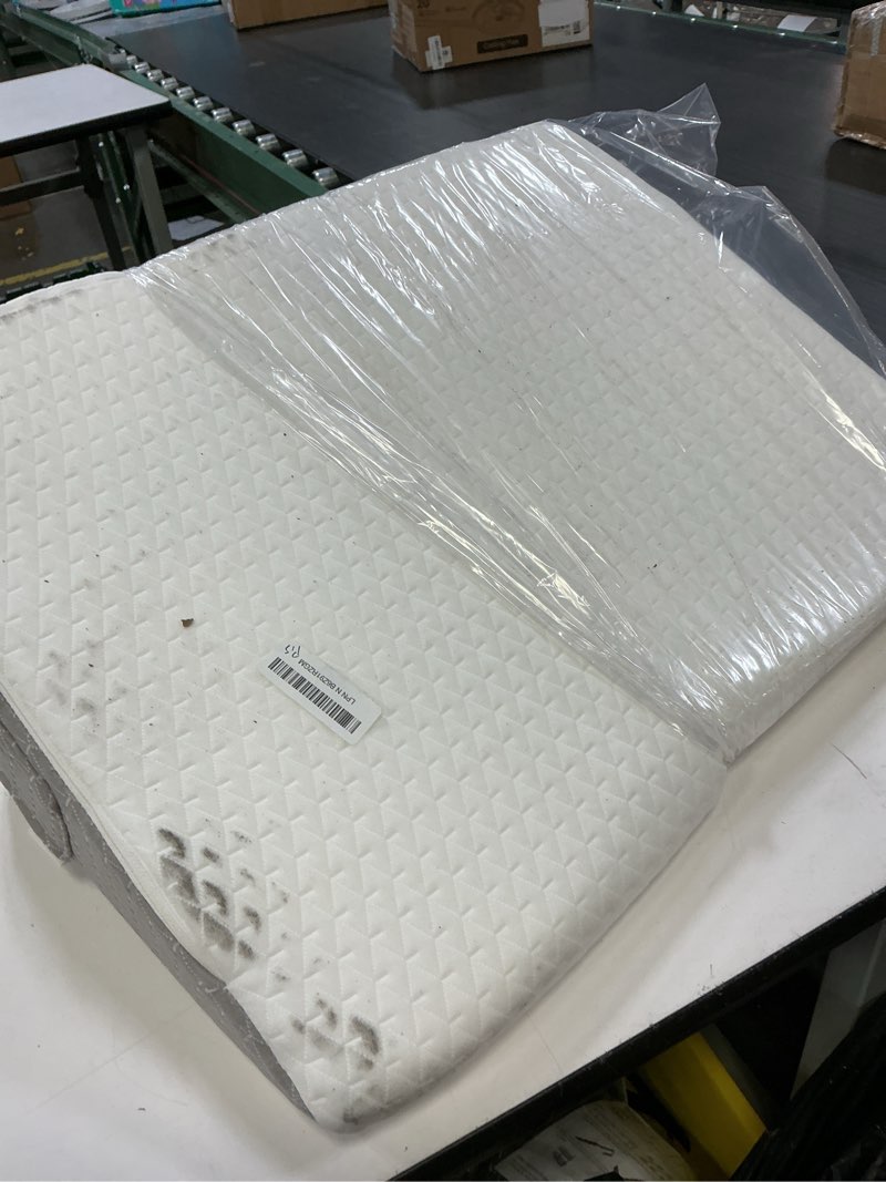 Condition photo showing As Is for knee pillow for back sleeping, 8” knee wedge pillow to elevate knee, leg pillow for back pain relief, triangle pillow, leg elevation pillows for after surgery, blood circulation, white/grey