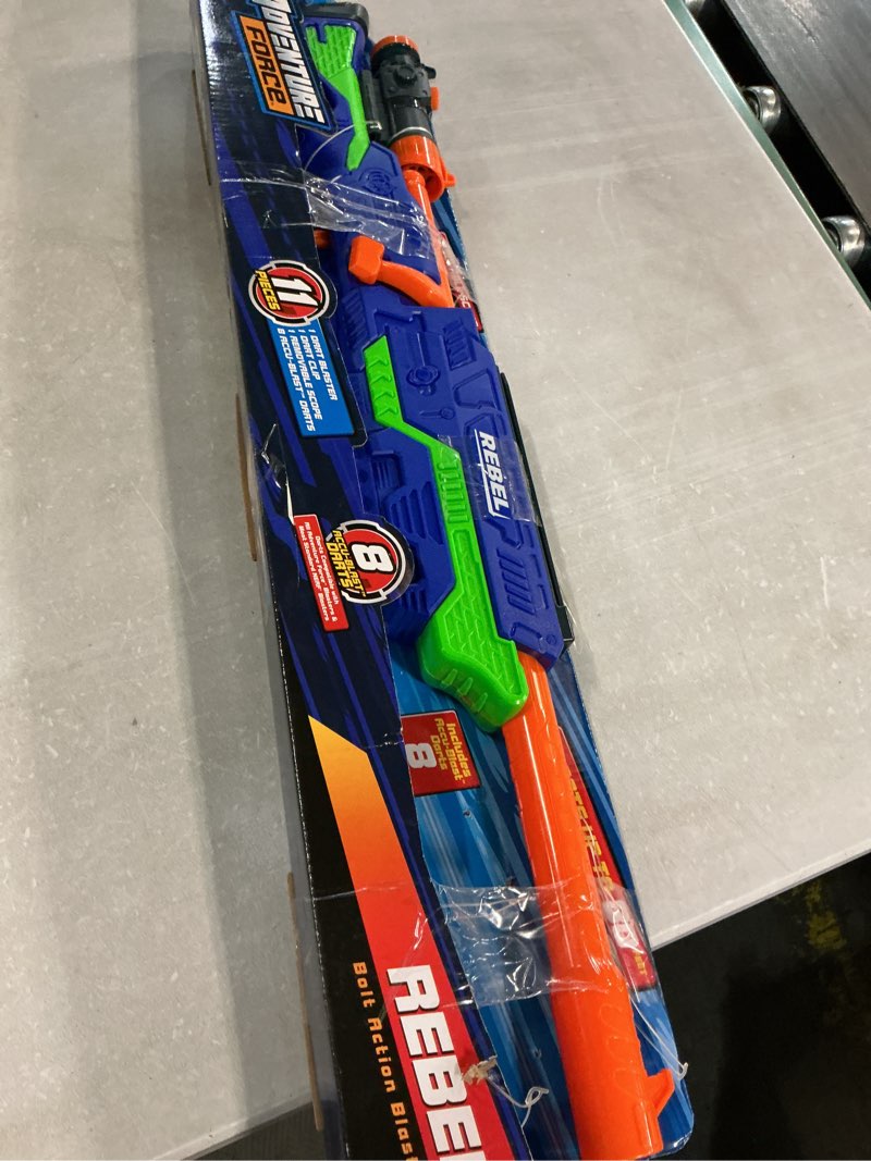 Condition photo showing As Is for adventure force rebel foam dart blaster set, bolt-action clip-fed design, 1 blaster with 8 accu-blast darts, clip and detachable scope, compatible with most standard nerf blasters, ages 8+
