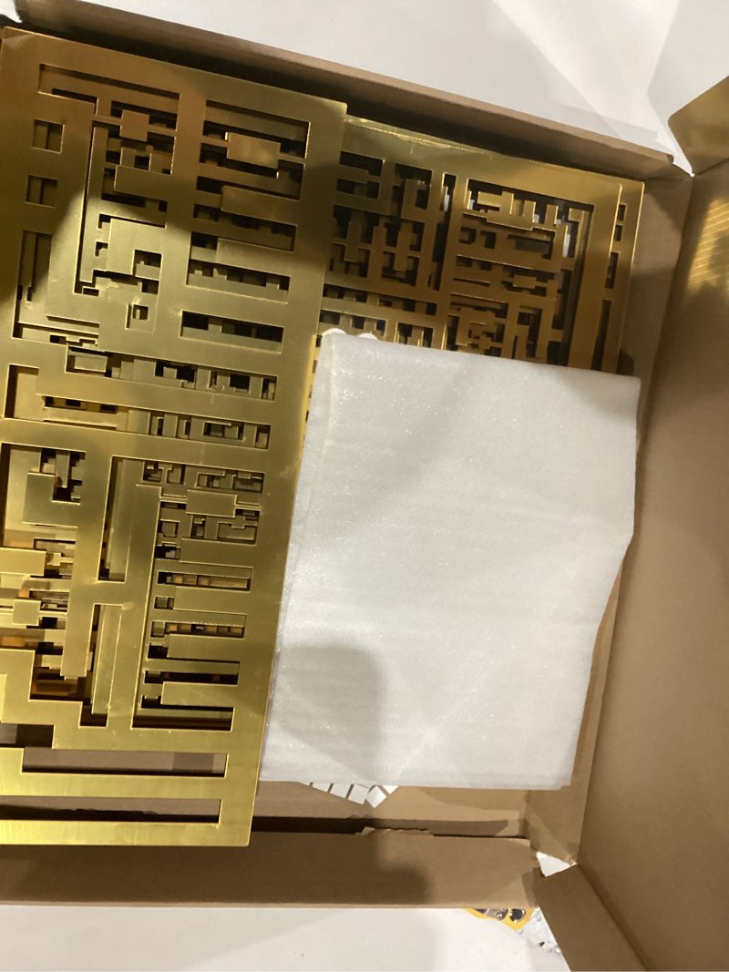 Condition photo showing As Is for Wooden Acrylic Islamic Wall Art Decor, 4 Quls Kufic Islamic Ramadan Wall Art, Perfect Arabic Decorations Captivate Home Space, Modern Muslim Housewarming Gift. Surah Al Ikhlas Al Kafirun Al Falaq Al Nas (Silver, 27.5X27.5 Inches) (Gold)
